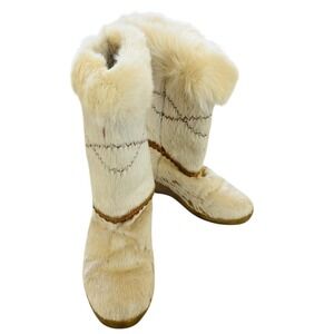 Tecnica Fur Snow Boots Womens Size 6.5 White Mid Calf Wedge Made Italy Apres Ski